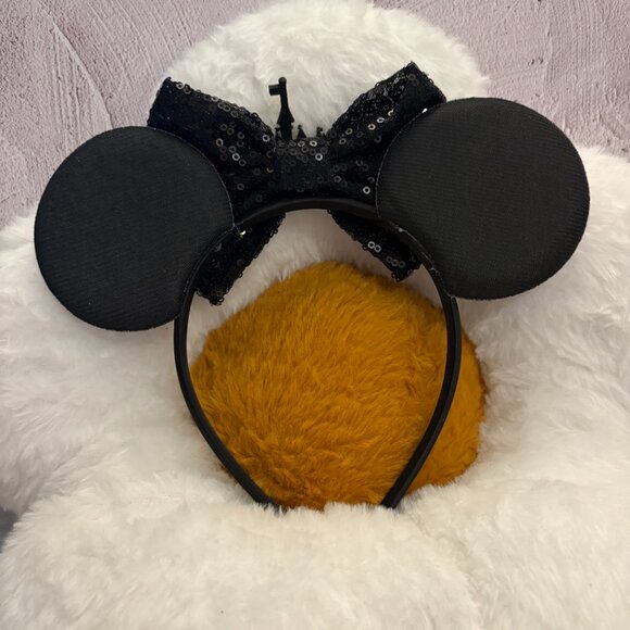 Minnie Mouse Ears Headband Black Sequin Castle Bow (SKU: 123MI) - Picture 2 of 9